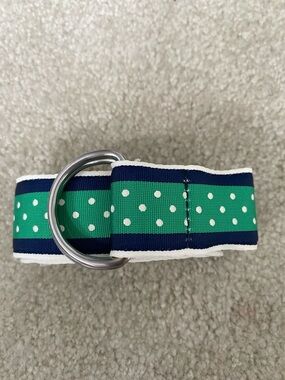 J. Crew Green Polka Dot Ribbon Belt with Navy Trim,Good used condition. Size M/L